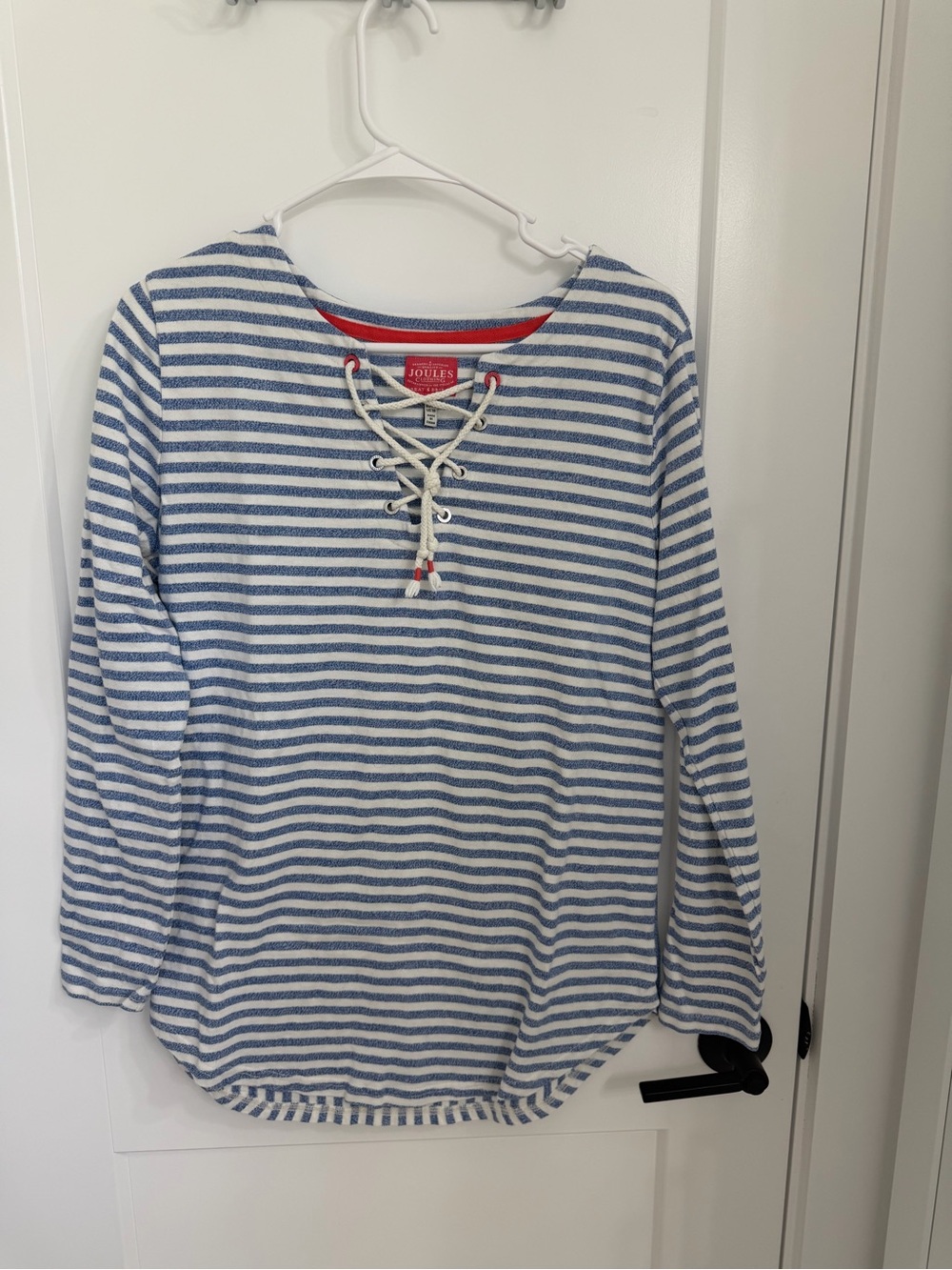 Joules Blue & White Striped Lace-Up Pullover with Red Trim